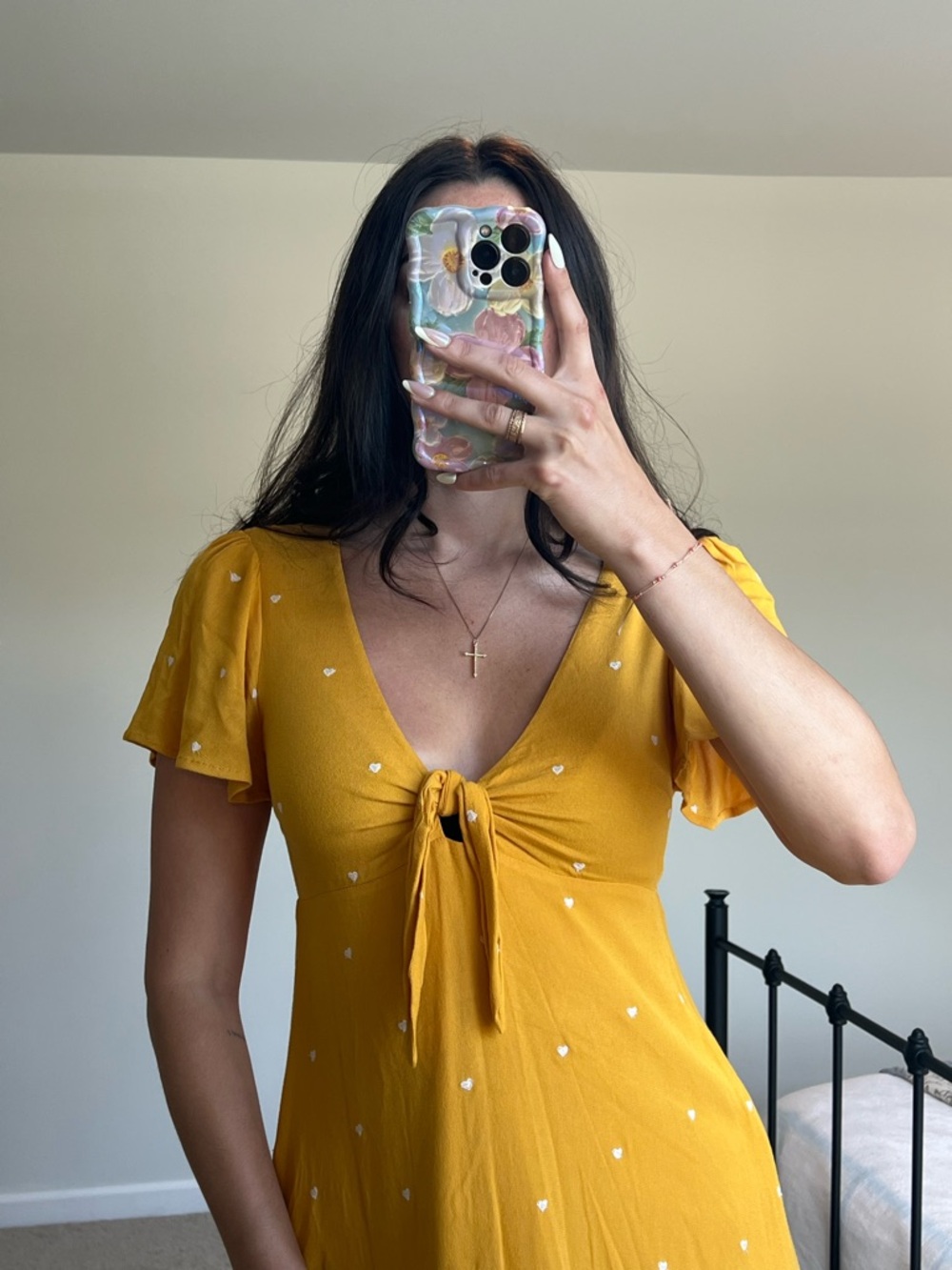 Forever 21 Mustard Yellow Tie-Front Mini Dress w/ Embroidered White Heart Print